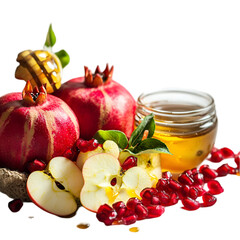 Fresh Apple, Golden Honey, and Pomegranate – White Background Studio Shot. fresh apple with honey, golden honey and pomegranate, apple honey pomegranate trio, white background studio food shot, Rosh

