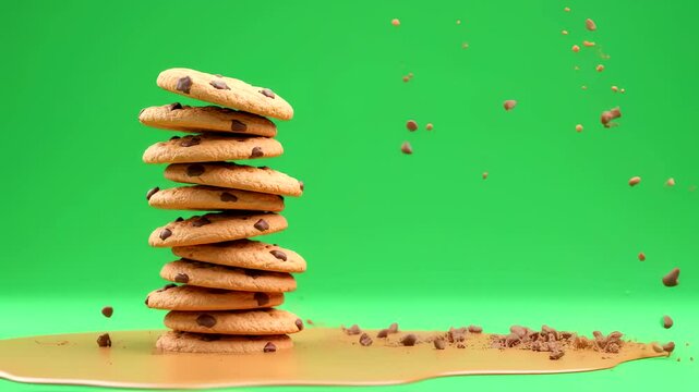 Appetizing Chocolate Chip Cookies Stacking Dropping Chips Dripping Sauce