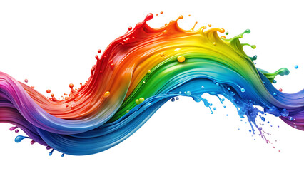 Vibrant rainbow paint splash with swirling colors and droplets isolated on a transparent background colorful