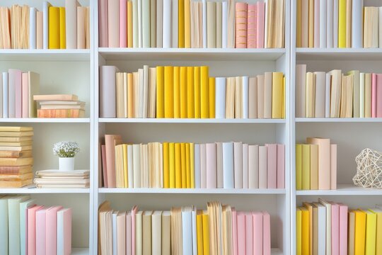 Bookshelves filled with colorful books.