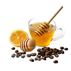 Sweet Honey in Glass Cup Isolated on White Background – High-Resolution Image. 
 organic honey on white, pure honey in cup, liquid gold honey, bee honey photo, sticky sweet honey, honey in clear glas
