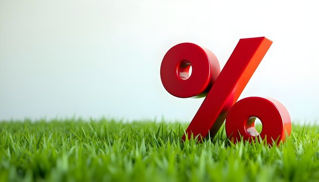 Red Percentage Symbol in Lush Green Grass Discount, Sale, Offer Concept