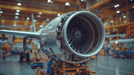 Airplane engine undergoing maintenance in a hangar