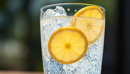 Refreshing lemon slices in sparkling water in clear glass  