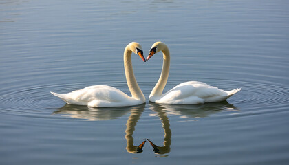 Fototapeta premium Swans forming heart shape while swimming in calm lake water 