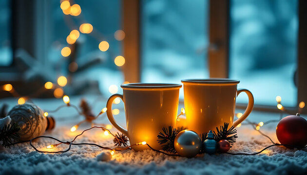 Cozy winter scene with illuminated mugs and holiday decorations