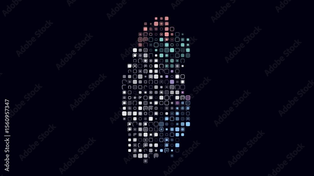 Poster qatar dotted animation. shape of the country build of pulsating colored dots. large size rounded squ