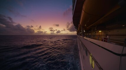 Experience breathtaking sunset views on a magnificent cruise ship, surrounded by tranquil ocean waves and vibrant colors. This unforgettable adventure is perfect for relaxation and exploration - Powered by Adobe