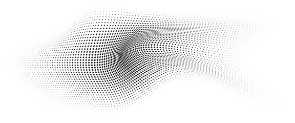 Flowing Wave Dot Halftone Pattern: Curve Gradient Shape on Transparent Background. Suitable for AI, Tech, Network, Digital, Science, and Technology Themes.