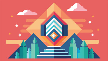 Obraz premium Geometric mountain and forest scene in a colorful abstract flat vector design