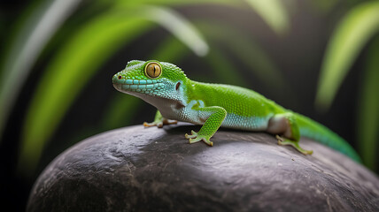 Fototapeta premium Green gecko on dark stone, eyes and accents of blue. 