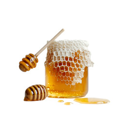 Fresh Honey in Jar with Dipper and Honeycomb – Pure Sweetness Concept. 
 glass jar of honey, honey closeup photo, premium honey stock, bee honey product, artisanal honey in jar, natural golden honey,
