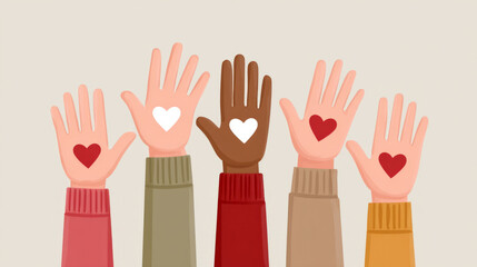Obraz premium Diverse raised hands with heart symbols representing love and unity