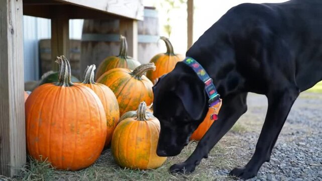 Black Labrador among autumn pumpkins