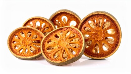 Sliced bael fruit, Aegle marmelos, on a white surface, showing the dried pulp and seeds