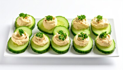 Cucumber Bites with Hummus and Parsley on a White Plate, Appetizing and Fresh