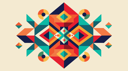 Symmetrical geometric design featuring colorful shapes and abstract compositions on white background