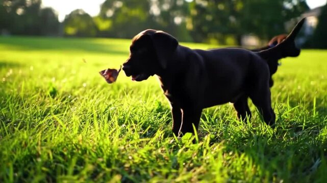 Black Labrador puppy chasing butterfly in mea