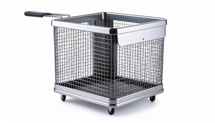 Stainless steel deep fryer basket with wheels on a white background