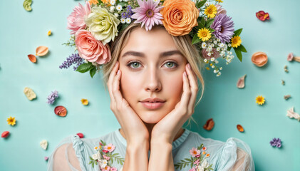 Young woman with floral crown posing softly against pastel background