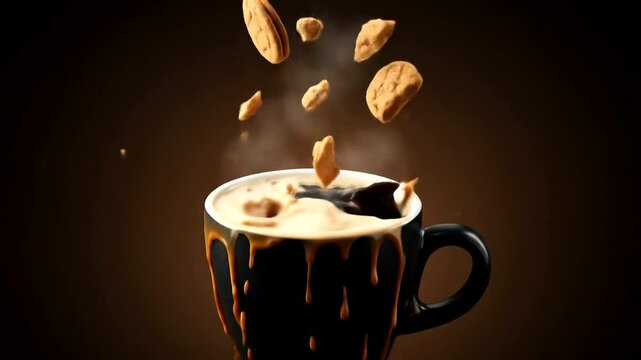 Crumbly cookies dropping into coffee creating an energetic splash high speed