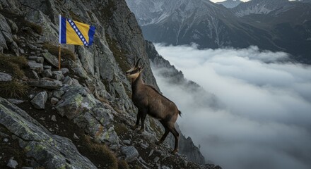 Bosnian Flag and Chamois on Rocky Mountain Slope Above Cloud Inv