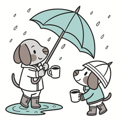 Whimsical Puppies feeling Peaceful in a Rainy day setting with with a magic wand – colored in Raindrop Calm