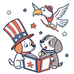 Playful Surprised Puppies design, styled with reading a book and Founding Spirit shades in a Presidents’ Day setting