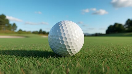 Obraz premium Pristine Golf Ball on a Lush Green Course Under a Clear Sky