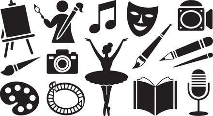 Blackand White Icons Diverse Art Forms Ballet Camera Paintbrush Music Book Microphone Palette Pencil