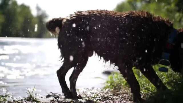 Chocolate Labrador shaking off water
