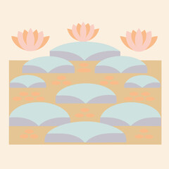 Abstract floral landscape illustration with pastel colors and geometric shapes design