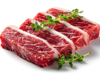Fresh raw beef sirloin steaks are displayed with sprigs of thyme on a white background for tasty cooking.