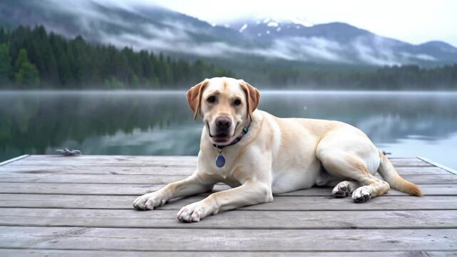ellow Labrador on cabin dock at misty lake