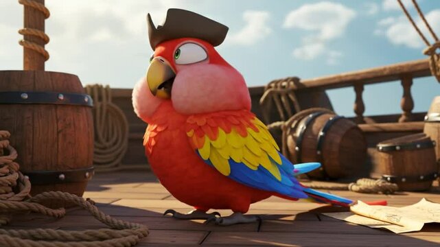 Cartoon pirate parrot stands on a wooden ship with barrels and map in a nautical scene on deck under a sunny sky
