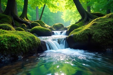 Serene Waterfall in Lush Forest Crystal-Clear Water Cascades Over Mossy Rocks, Bathed in Sunlight, Creating a Tranquil and Peaceful Natural Scene.