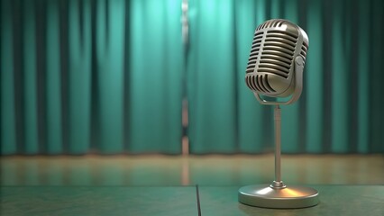 A vintage microphone standing on a stage with a green curtain backdrop behind it
