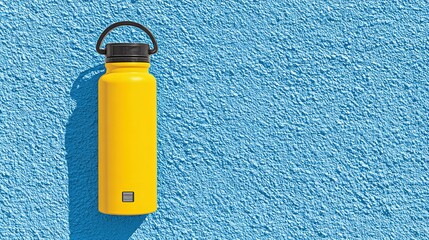 Bright yellow water bottle against a textured light blue background.