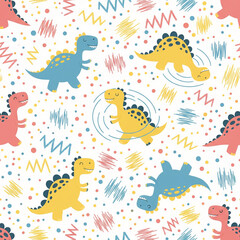 Obraz premium Vibrant Dinosaurs with Crayon Scribbles and Dots in a Lively and Playful Seamless Pattern