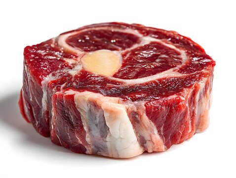 A raw piece of beef shank displays its texture and marrow against a crisp white studio background nicely.