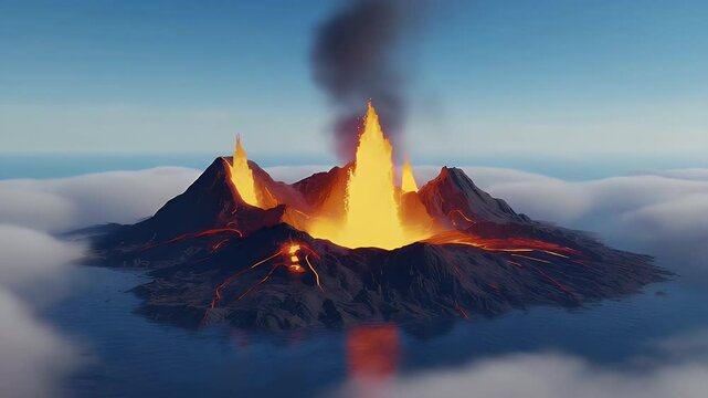 Volcanic eruption on island surrounded by ocean and clouds, spewing smoke and lava