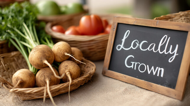 Seasonal local food market stall display with fresh locally grown vegetables and fruits - Powered by Adobe