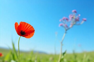 Obraz premium Serene Poppy Field Landscape Vibrant Red Flower Against a Clear Blue Sky