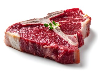 Obraz premium Fresh raw t-bone steak with marbling is displayed on a white surface ready for cooking and grilling now.