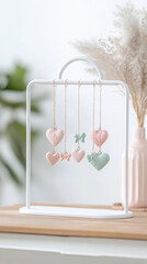 Pastel themed jewelry display with heart pendants and soft background decor
