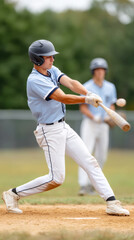 Baseball player mid swing with teammates in action on field