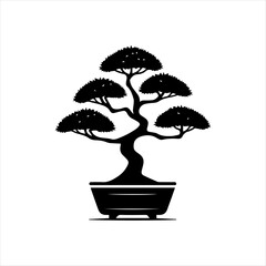 Silhouette of a bonsai tree with five distinct foliage clusters, potted in a rectangular container. © nuaari