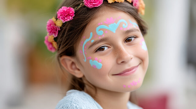 Pretty girl with flower crown and day of the dead face paint smiling outdoors