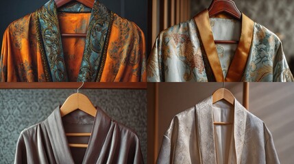 Four silk robes, various colors and patterns, hung on wooden hangers