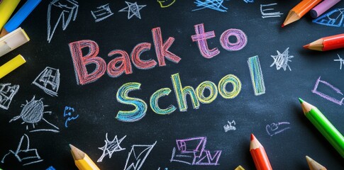 Colorful chalk writing on a blackboard announces back to school season.